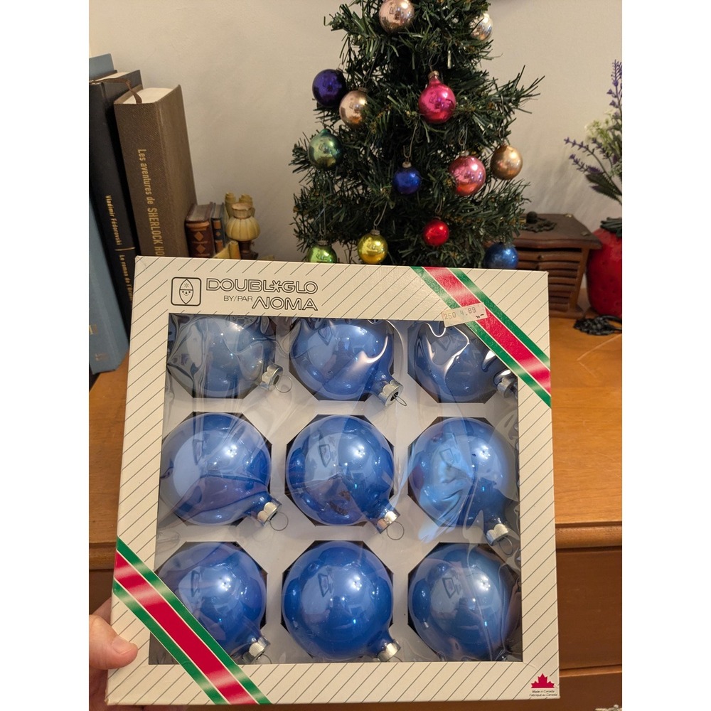 Vintage NOMA Double-Glo Blue Glass Christmas Ornaments Set of 9 | Original Box